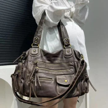 Girl Single Shoulder Crossbody Bag Vintage Washed Leather Motorcycle Bag Large Capacity Multi Pocket Bag