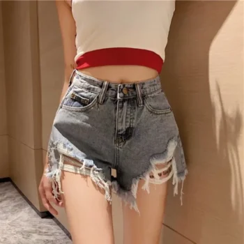 Fashion Summer Women High Waist Button Wigh Leg Jeans Shorts Casual Female Loose Fit Blue Denim Shorts