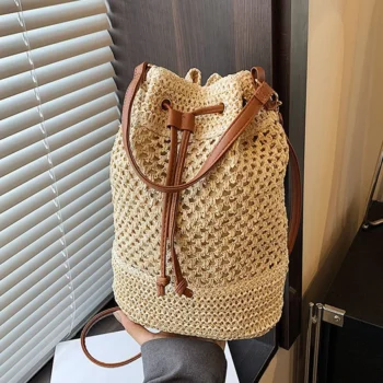Weaving Bag Women  Fashion Bucket Bag Summer Niche Hundred Straw Beach Single Shoulder Crossbody Bag