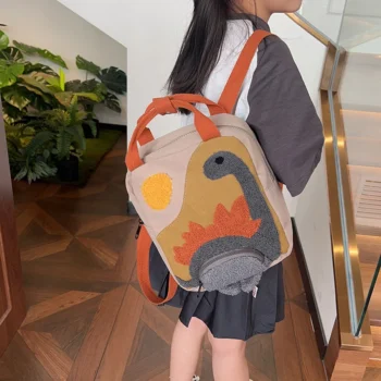 Dinosaur Fashion Backpack Hook Hair Embroidered Cartoon Canvas Kindergarten Children Backpack Boys Girls Student
