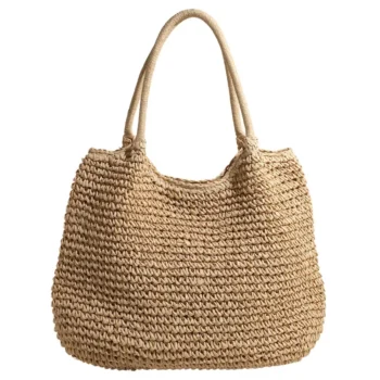 Women Straw Tote Handbag Large Capacity Vintage Shoulder Bag Solid Color Crochet Beach Handbag Ladies Summer Daily Bag