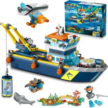 Arctic Explorer Technic Ship Building Block Set with LED Light Ocean Exploration Helicopter Sub Shark for Kids Ages 6+