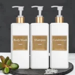 Shampoo Dispenser Press Pump Bottle with Gold Waterproof Labels Bathroom Shampoo Conditioner Body Wash Bottles
