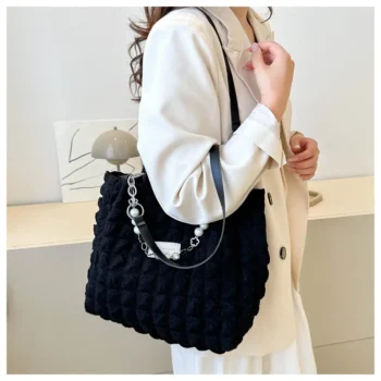 Large Capacity Ladies Tote Bag Fashion Plaid Women's Beaded Chain Shoulder Bags Soft Fabric Commuter Female Handbags Purse