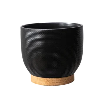 Black Ceramic Planter Unmovable Wood Texture Base Elegant Indoor Outdoor Garden Pot with Drainage Home