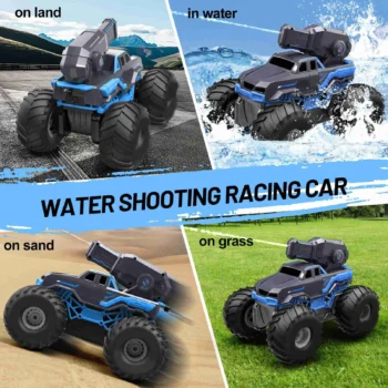 Amphibious RC Car Boat with Water Sprayer Toy 1:16 4 Wheel Drive Remote Control Truck with 2 Batteries for children Aged 6+ Blue