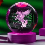 Unicorn 3D laser carved crystal ball with wooden colored LED lamp holder, home decoration, girlfriend, colleague, wife birthda