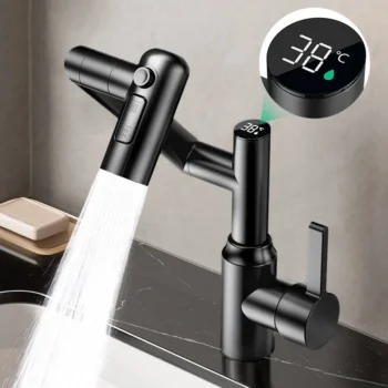 Washbasin Faucet Bathroom Multi-functional Mechanical Arm Cold and Hot Water Tap Digital Display Household Universal Rotation