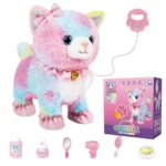 Touch & Voice Controlled Remote Lifelike Walking Cat Toy with Leash,Can Walk, Meow, and Wags Tail, Best Gift for Girls