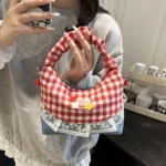 Bow Lace Splicing Dumpling Handbag Grid French Underarm pouch Tote bag Single-shoulder crossbody bag Daily commuting bag