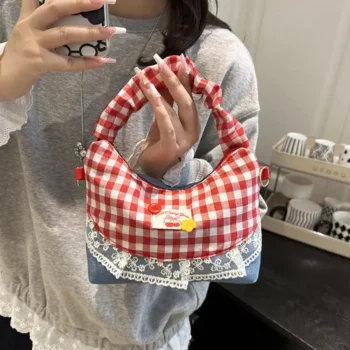 Bow Lace Splicing Dumpling Handbag Grid French Underarm pouch Tote bag Single-shoulder crossbody bag Daily commuting bag