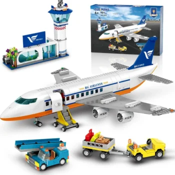 Airplane Building Set with LED, Plane Building Blocks with Airport Terminal Luggage Trailer Toys Gifts for Kids