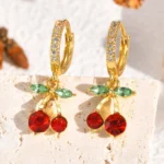 Cherry Zirconia Dangle Earrings for Women, Gold Plated Fruit Shape Pendant Jewelry, Sweet Personal Ear Buckle for Girls