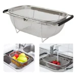 Stainless Steel Telescopic Drainage Basket Rubber Handle Oval Shaped Colander Sink Vegetable Drainage Rack Storage Basket