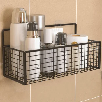 Bathroom self-adhesive shelf free punching toilet shelf wash table iron art increased net surface storage basket Organizer