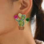 Cactus Female Unusual Decor Festival Party Jewelry Trend Luxury Full Rhinestone Charm Stud Earrings For Women Accessories Gift
