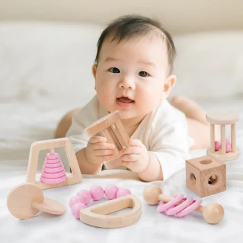 Montessori Wooden Toys Colorful Baby Rattle Set Safe Food Grade Wood Rattle Soother Bracelet Set Toddler Toy Bell Gift