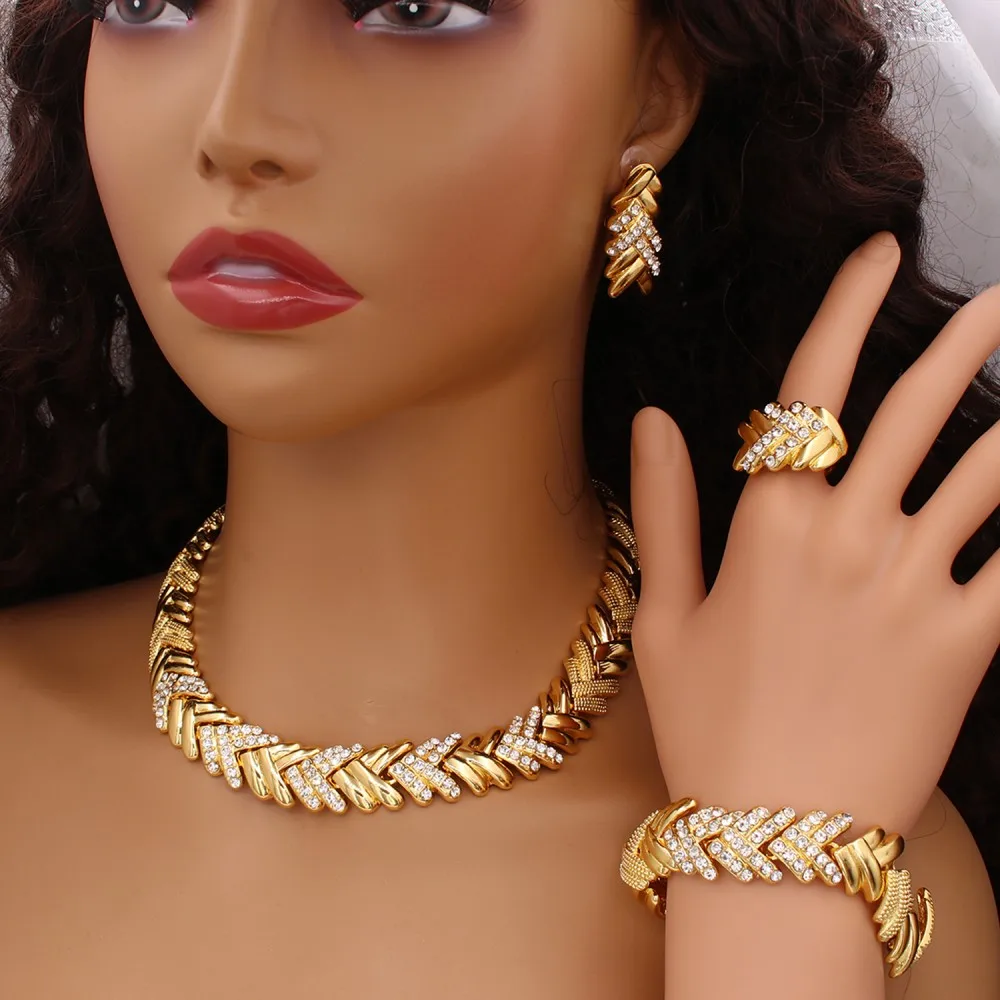 Fashion Crystal Jewelry Set Luxury Gold Plated Necklace Bracelet Wheat Ear Earring Ring Nigeria Wedding Gift