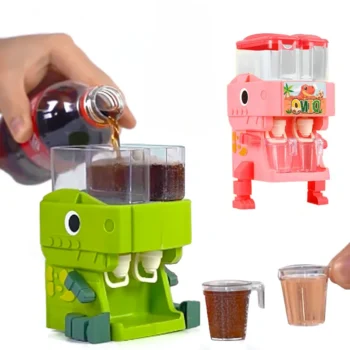 Children Dinosaur Dual Water Dispenser Toy with Cute Pink Blue Cold/Warm Water Juice Drinking Fountain Simulation Kitchen Toys