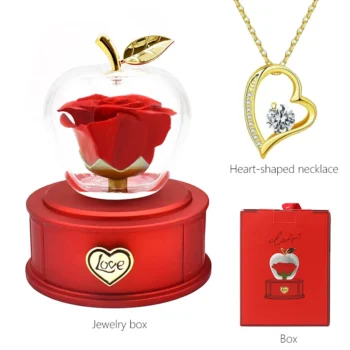 Eternal Rose Apple Shaped Ornament with Red Drawer Base for Necklace and Ring with Exquisite Gift Box Handbag