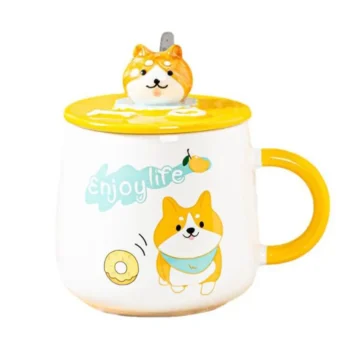 Cartoon Ceramic Dog Head Lid Coffee Mug Breakfast Milk Mug Office Water Cup with A Spoon Kitchen Drinkware
