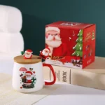Christmas Ceramic Coffee Mug with 3D Lid & Spoon - Cute Santa Snowman Reindeer Xmas Gift for Women Men, Hot Cocoa Tea Cup