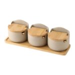 Ceramic Seasoning Jar Set Bamboo Lid Spice Jar with Spoon Household Kitchen Sugar Salt Spices Storage Box Container